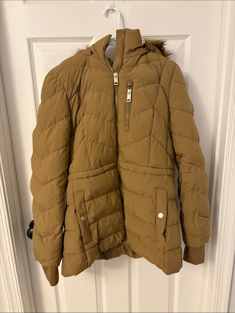 Michael Kors Tan Quilted Hooded Puffer Coat